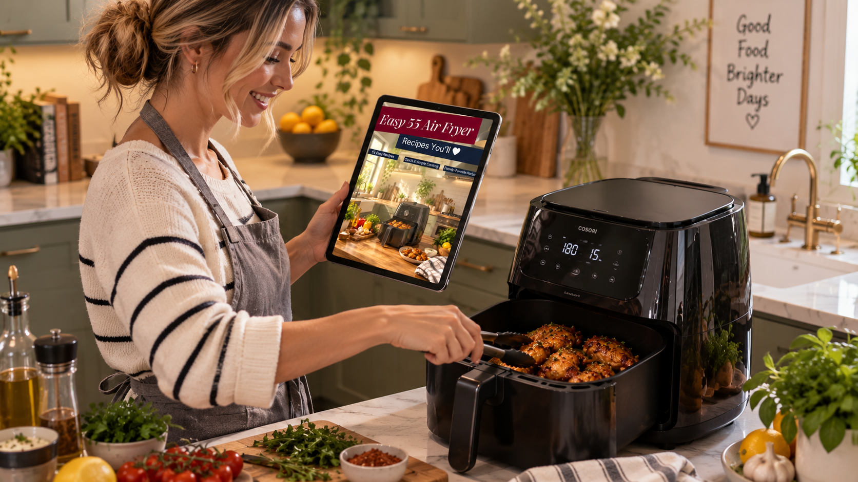 Home cook using the free 55 Air Fryer Recipes bonus e-book beside an air fryer