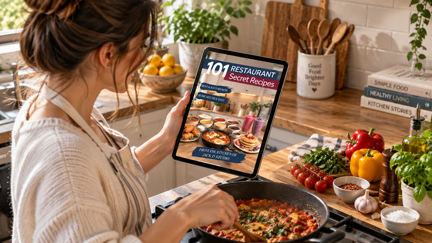 Home cook using the 101 Restaurant Secret Recipes e-book in the kitchen